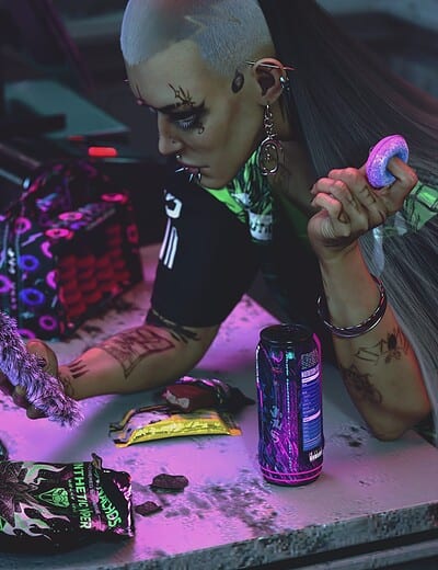Futuristic rebel with neon snacks and cyberpunk style in a vibrant urban setting.