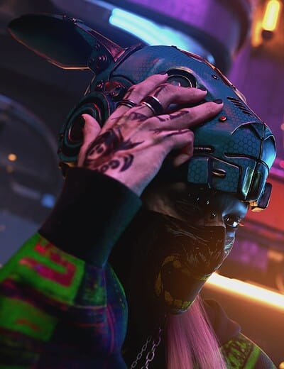 Futuristic cyberpunk rebel with neon animal helmet, pink hair, tattoos, and vibrant neon city lights.