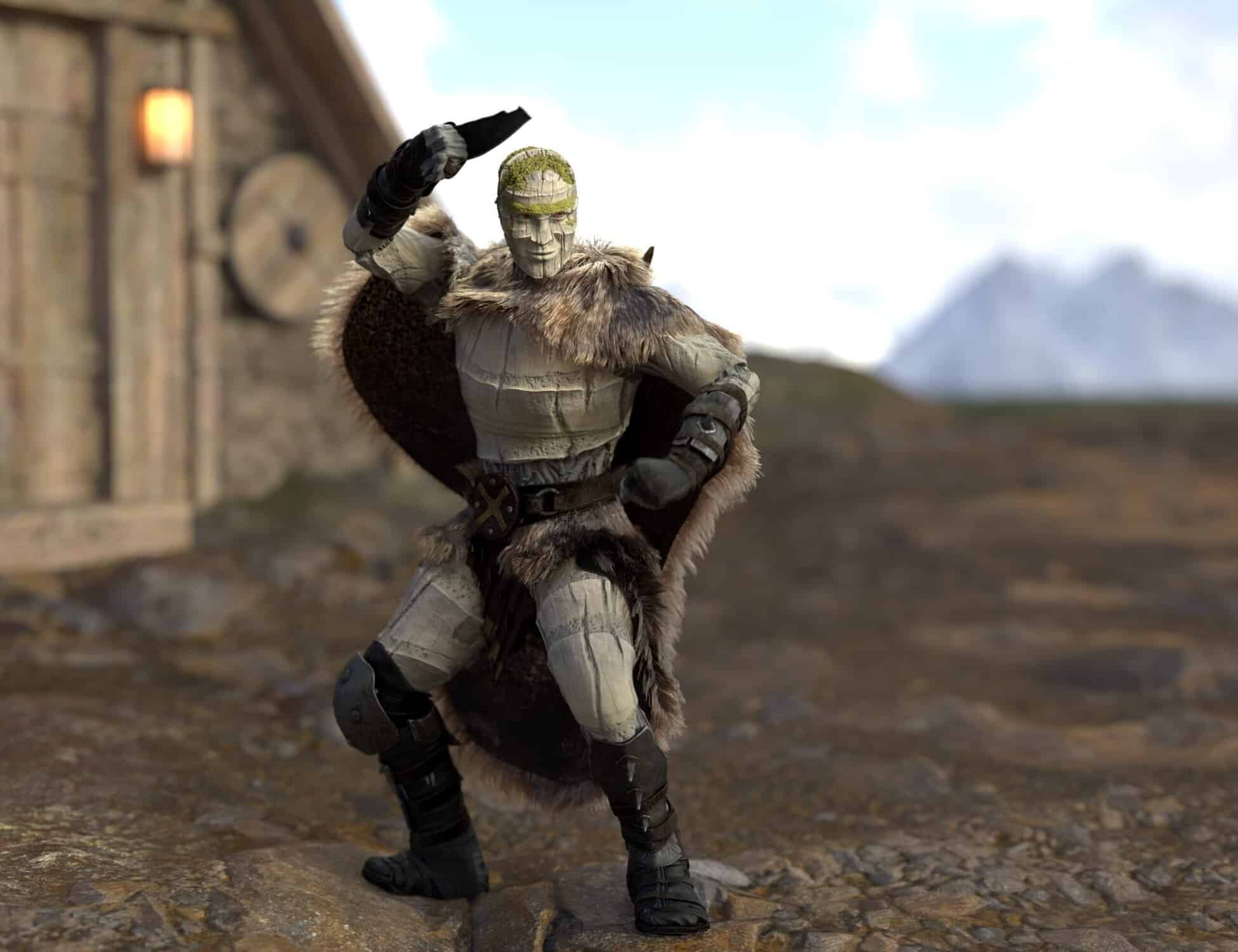 Fantasy green-skinned warrior in armor with fur cloak on rocky mountain battlefield.