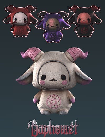 Cute chibi Baphomet figures with gothic symbols in vibrant collectible and playful designs.