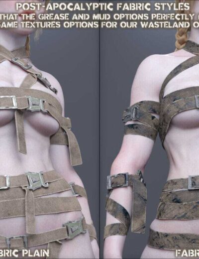 Post-Apocalyptic Fabric Styles Showcasing Weathered Survival Gear Female post-apocalyptic character demonstrating four realistic fabric weathering styles: bolted, plain, greased, and muddy.
