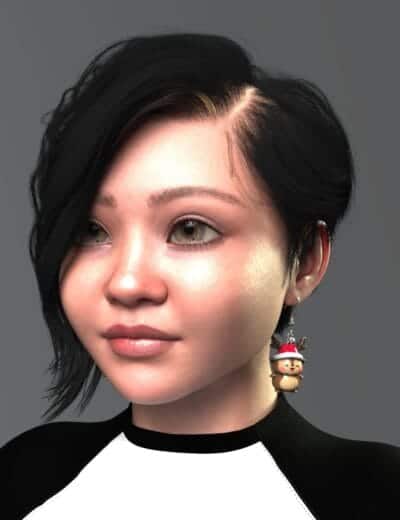 Realistic 3D portrait of woman with festive reindeer earring and modern hairstyle.