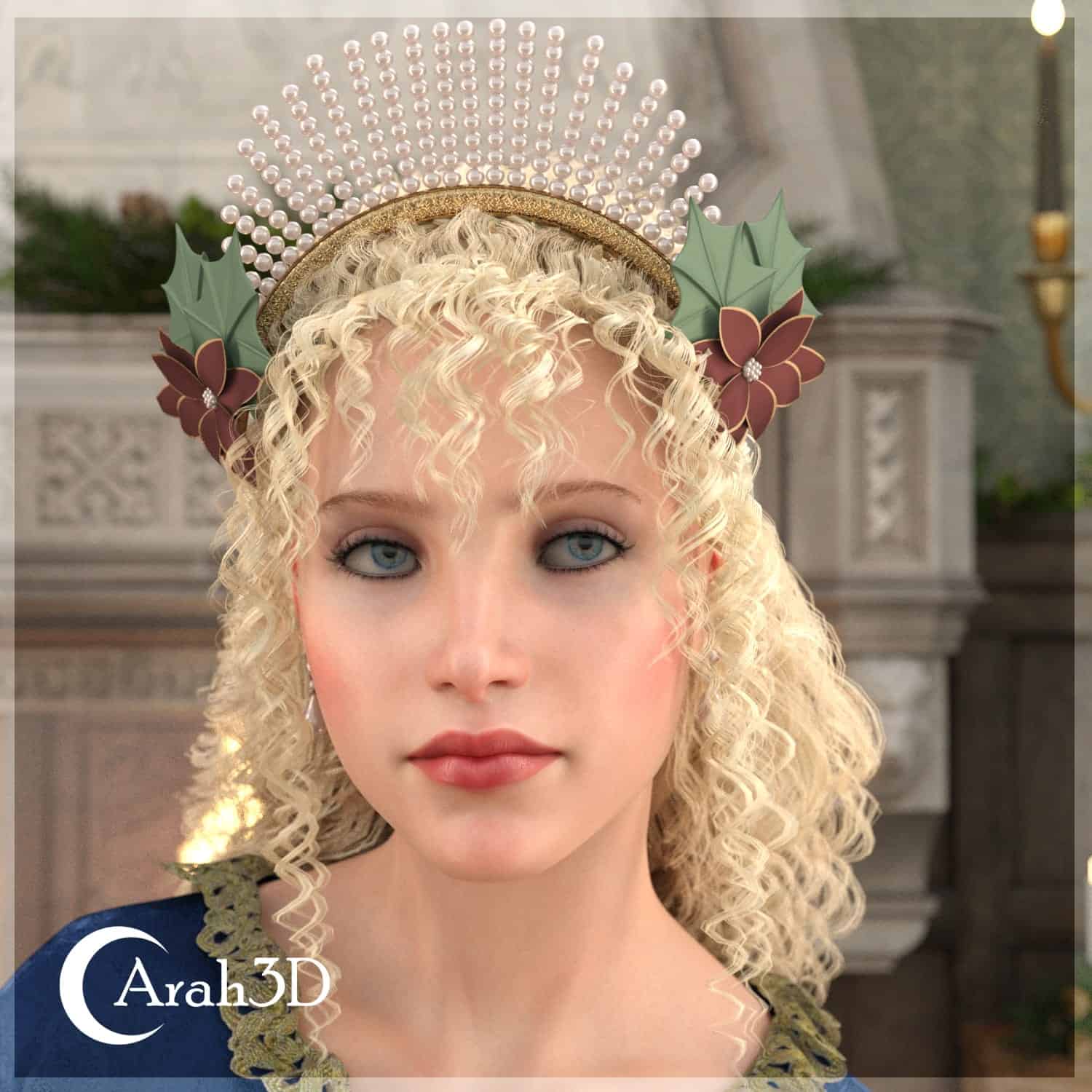 Elegant 3D woman in festive headdress and noble blue gown with holiday-inspired details.