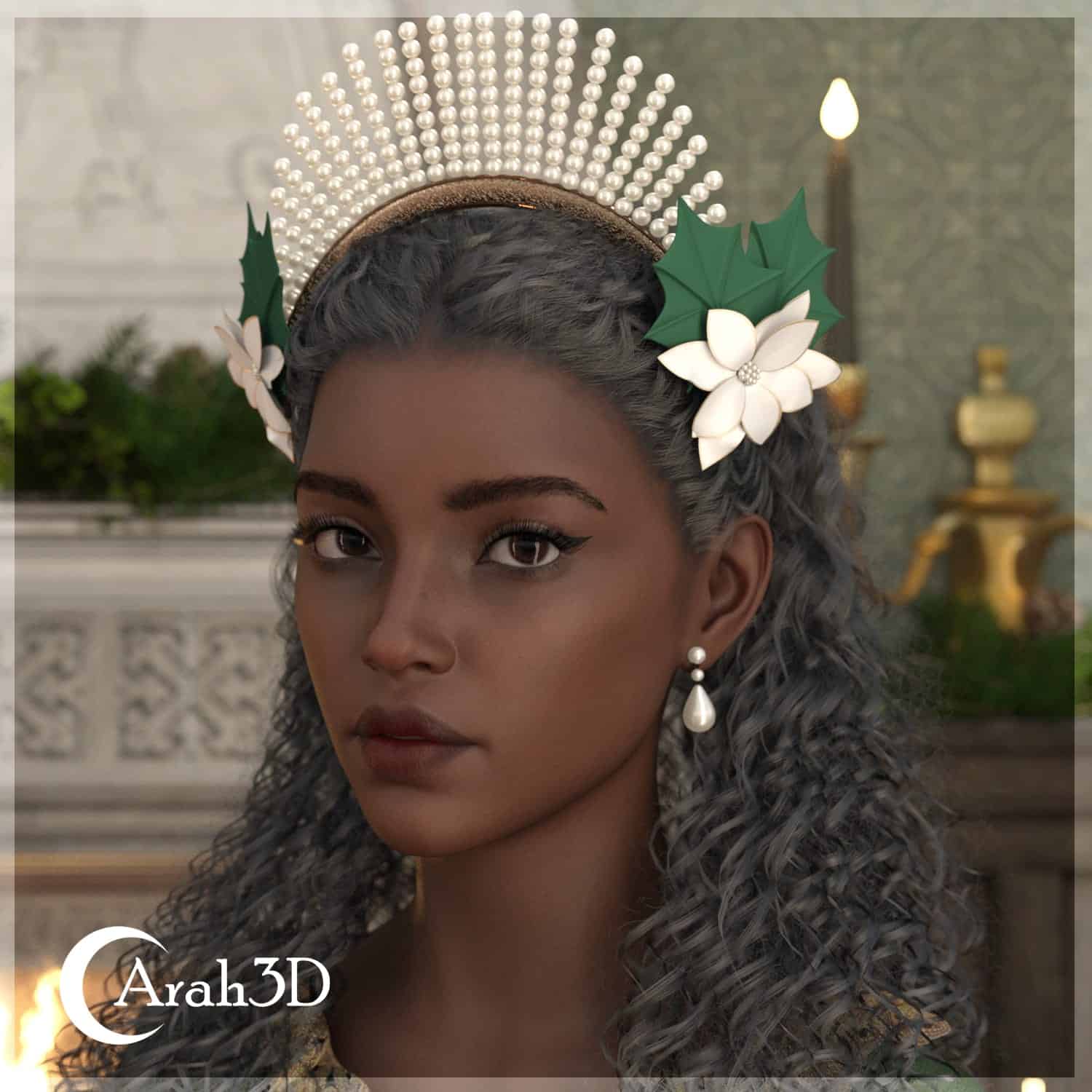 Elegant woman with pearl crown, green floral accents, and regal attire in a luxurious setting.