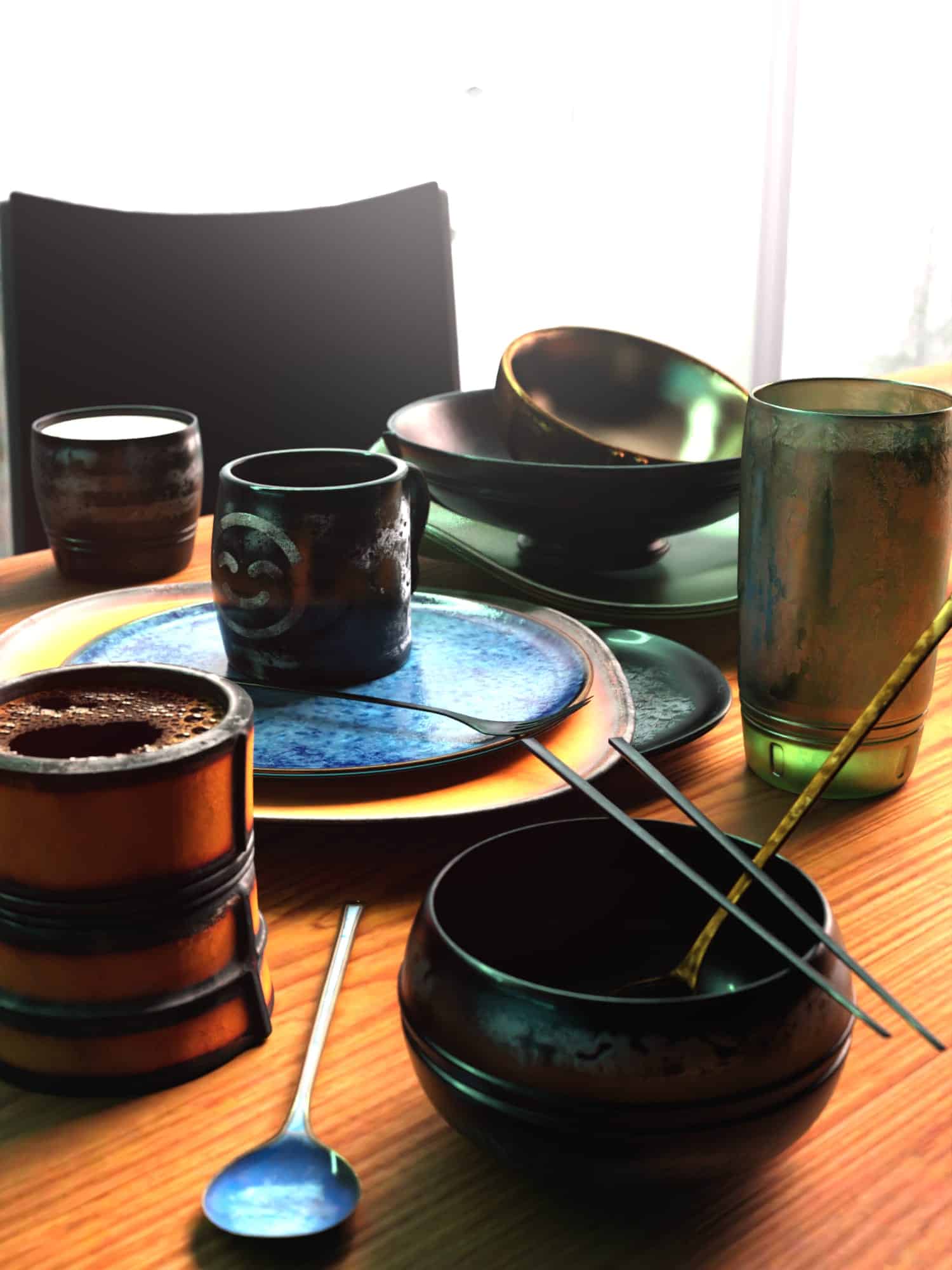 Rustic ceramic and metal tableware illuminated by natural light on a wooden surface.