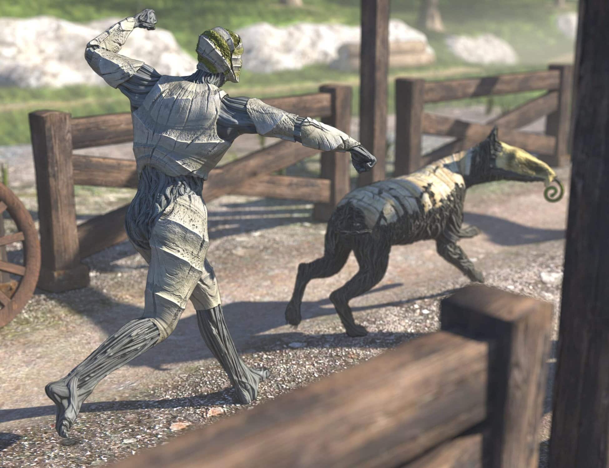 Surreal metallic humanoid and animal sculptures in rustic farmyard sunlight, blending natural and fantastical.