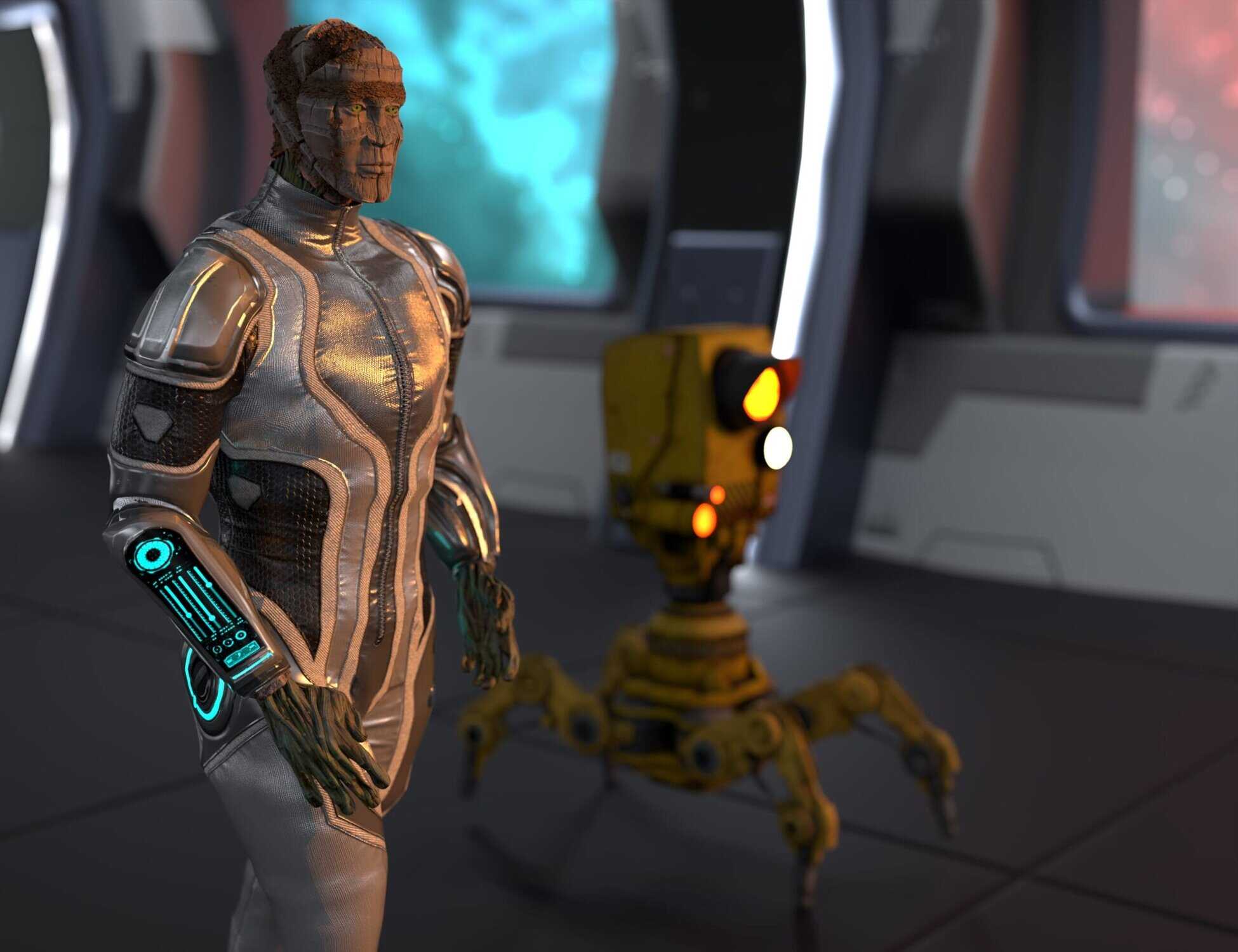 Humanoid robot and spider drone collaborating inside a high-tech space station with cosmic nebula view.