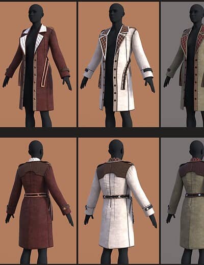 Collection of four tailored steampunk and military coats in red, white, khaki, and gray.