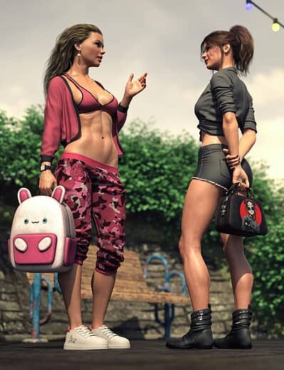 Two fashionable women talking outdoors in summer, wearing sporty and edgy outfits with accessories.