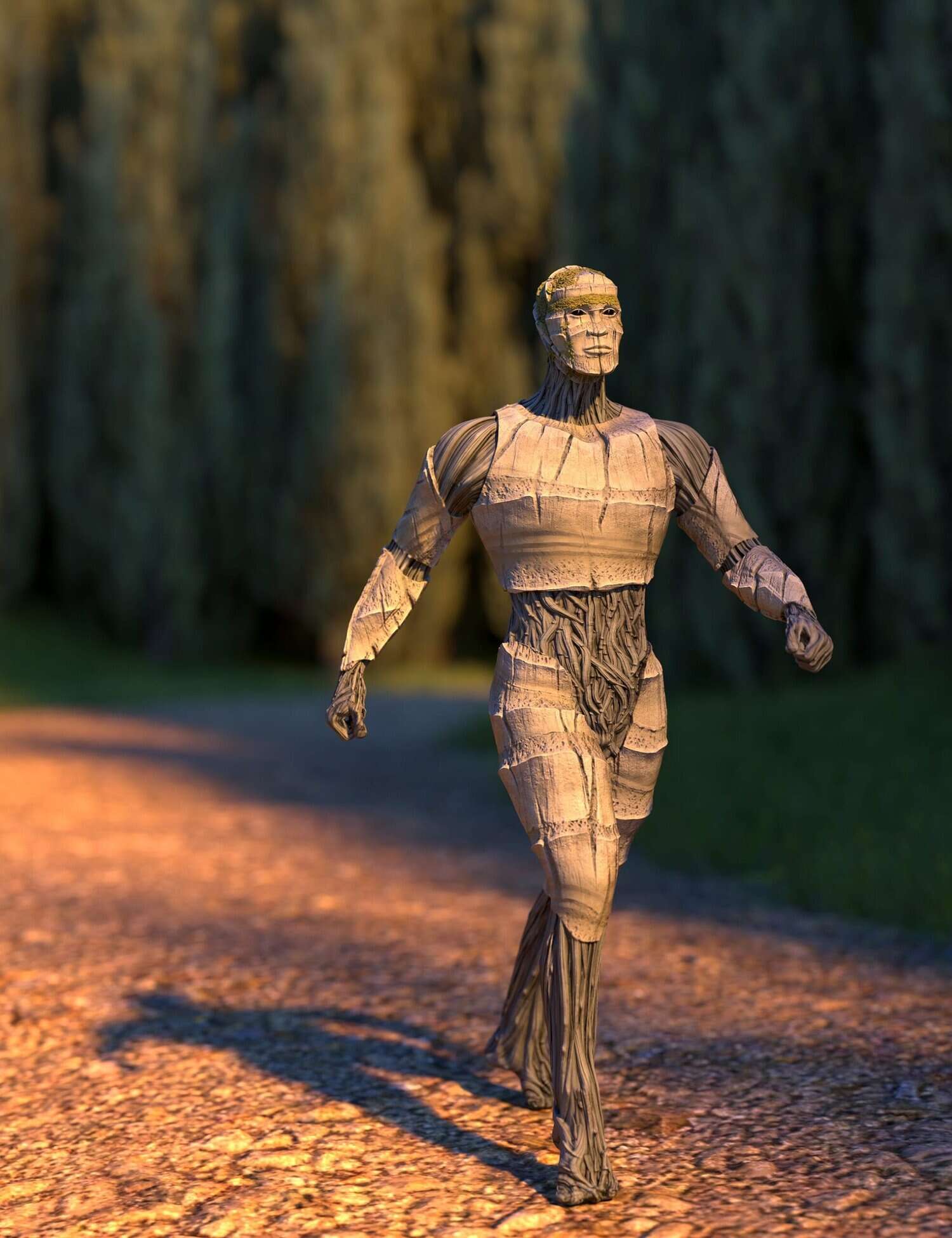 Humanoid robot walking peacefully in sunlit natural setting, combining technology’s sleek design and nature’s tranquility.