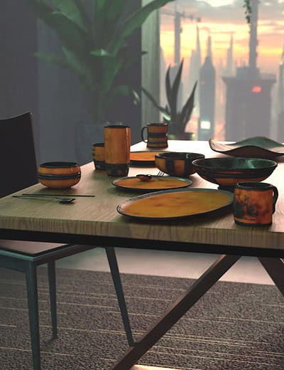 Modern sunset dining with rustic ceramics, greenery, and city skyline view in minimalist elegance.