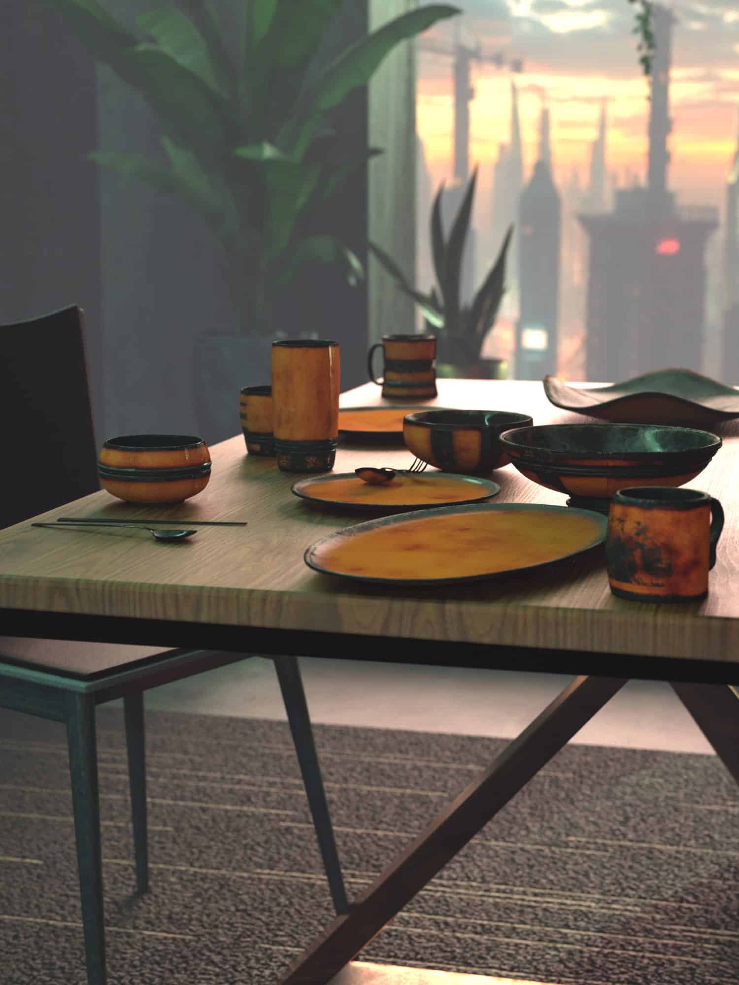 Modern sunset dining with rustic ceramics, greenery, and city skyline view in minimalist elegance.