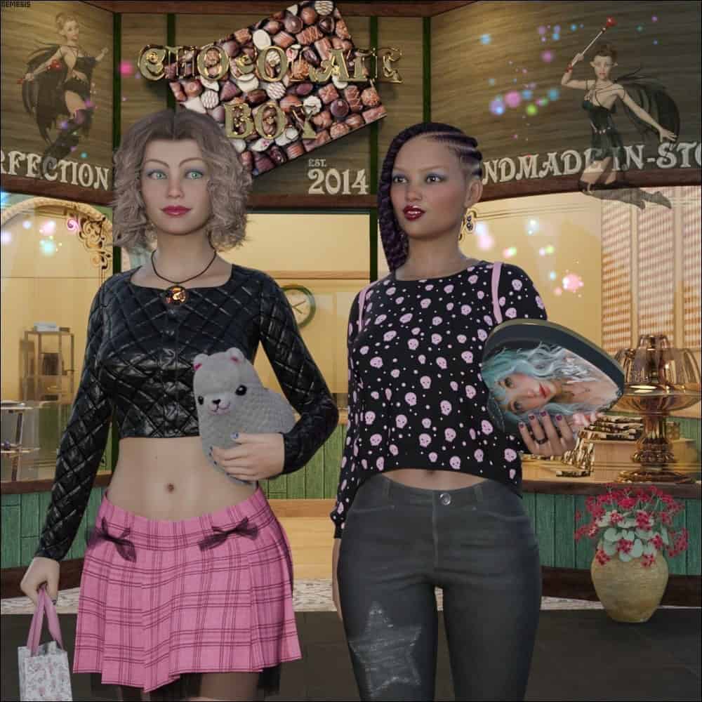 Two fashionable women enjoy sweets outside a cozy confectionery shop, smiling and relaxing together.