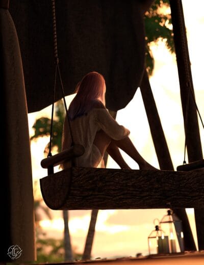 Person with pastel pink hair relaxing on wooden swing at sunset over tropical coastal scene.