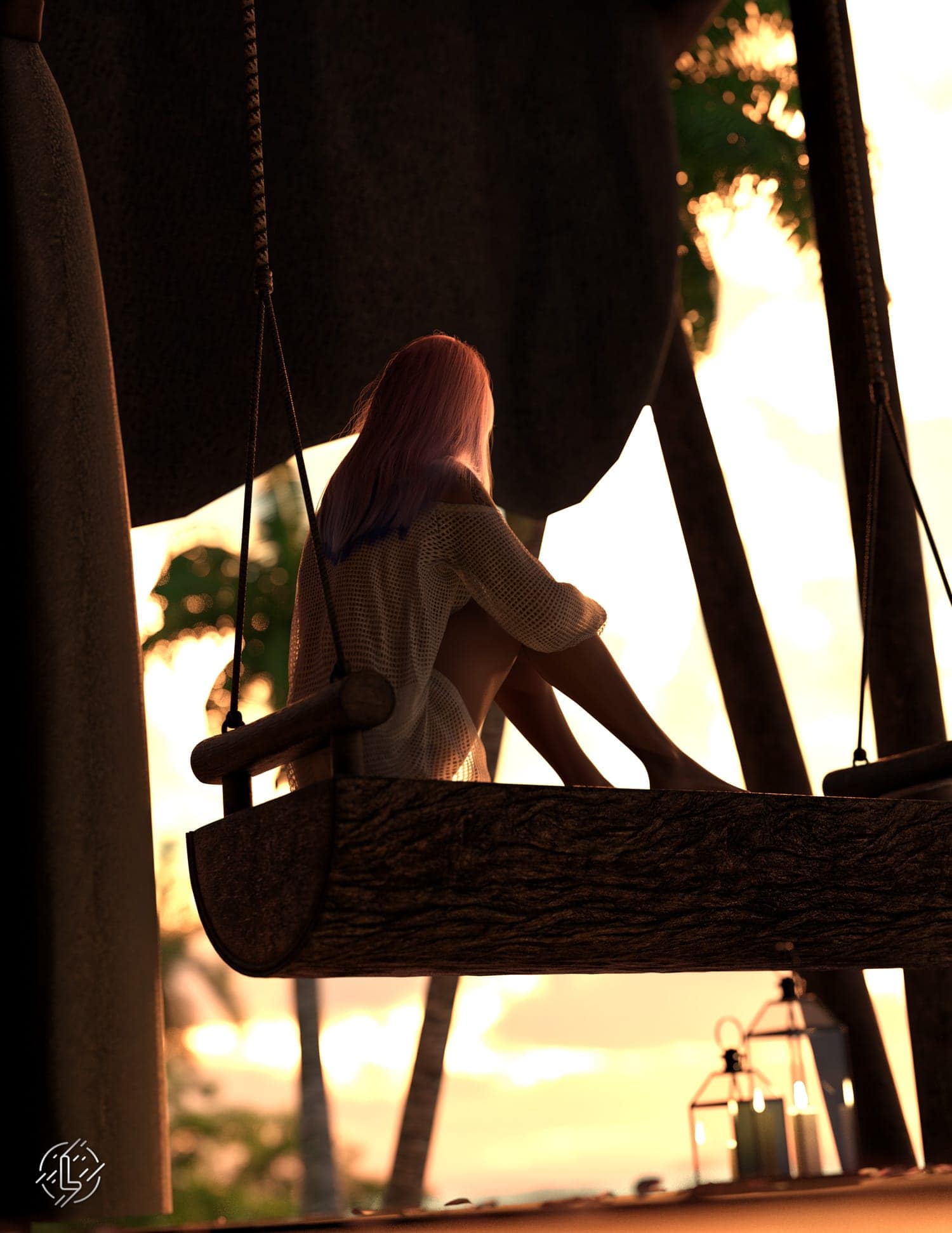 Person with pastel pink hair relaxing on wooden swing at sunset over tropical coastal scene.
