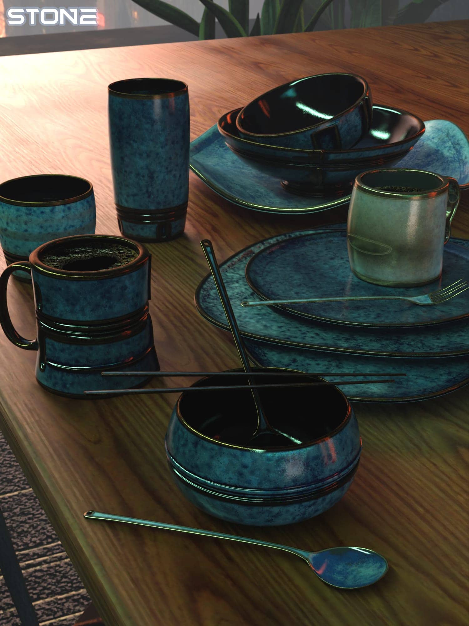 Blue ceramic dinnerware on warm wood table in modern urban café setting.