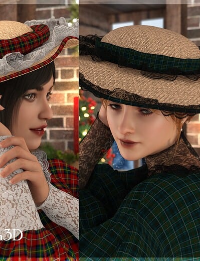 Two Victorian-inspired women in festive tartan fashion with elegant hats and lace details indoors.