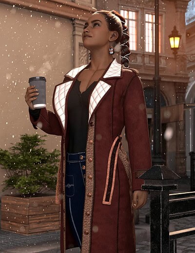 Stylish woman enjoying snowfall with warm drink on charming European street in winter