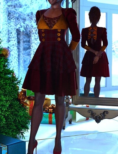 Elegant woman in vintage-inspired burgundy and yellow holiday dress by mirror, winter scene outside.