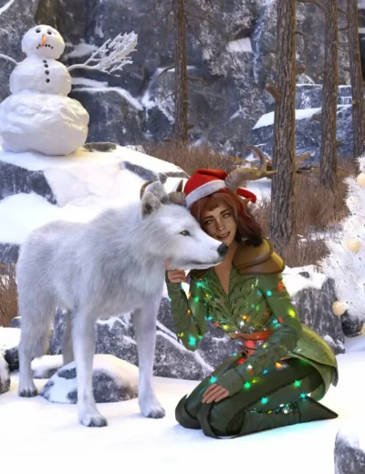 Festive winter scene with elf, white wolf, decorated Christmas tree, snowman, and magical forest glow.