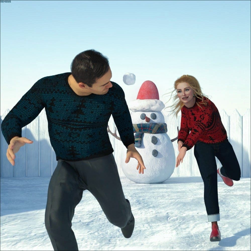 Couple having fun snowball fight with snowman in snowy backyard on bright winter day.