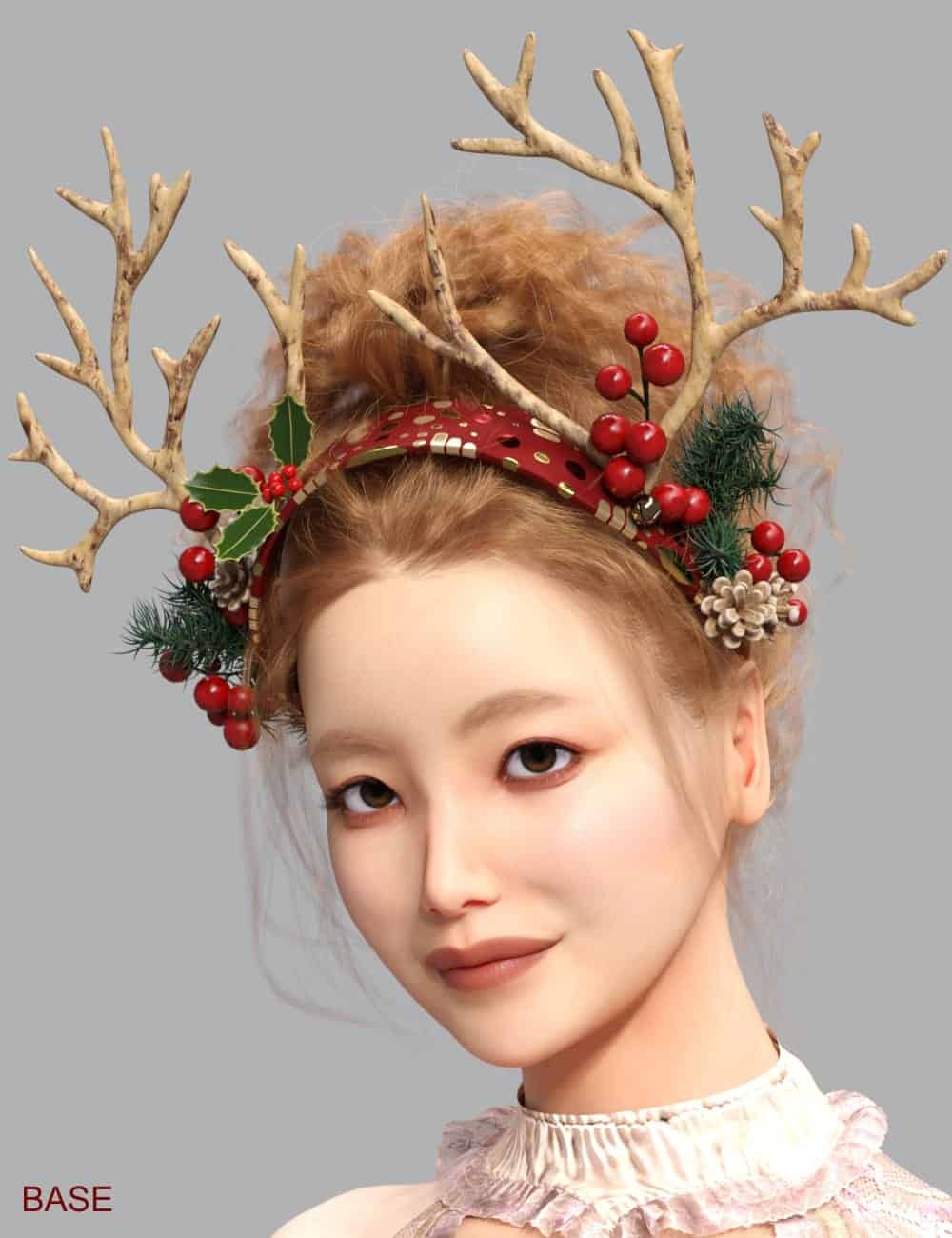 Winter woodland spirit with festive deer antlers, holly, berries, and vintage-inspired elegance.