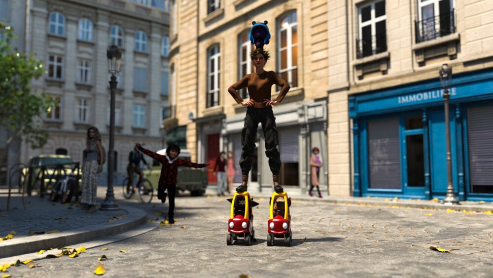 Dynamic street scene with children playing on creative roller skate shoes, urban architecture background, showcasing detailed 3D assets, realistic lighting, and vibrant environment for Daz3D figures.