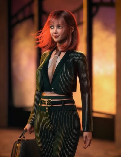 Photo of a stylish woman with red hair in business attire, holding a briefcase, showcasing detailed 3D assets for realistic character creation, perfect for Daz3D projects.
