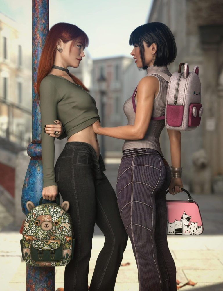 Young women with trendy backpacks in a city environment, showcasing fashion-forward styles, ideal for 3D character assets and digital art projects.
