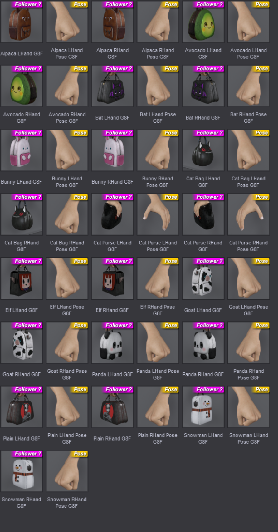 2. High-quality 3D pet hand models and accessories for Daz3D, including adorable plush animals, themed bags, and cute hand poses perfect for enhancing character scenes and creative projects.