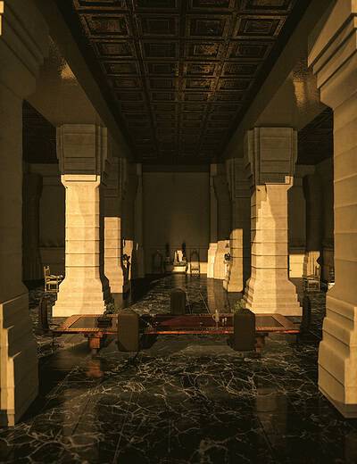 Grand ancient temple hall with majestic columns, polished marble floors, and a mysterious figure.