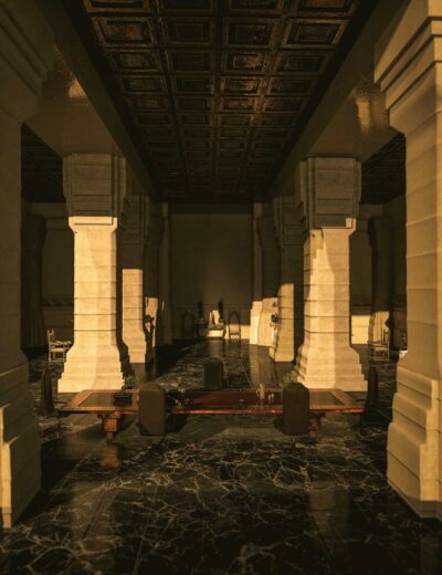 Grand ancient temple hall with majestic columns, polished marble floors, and a mysterious figure.
