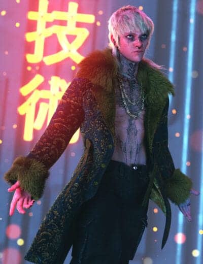 Futuristic cyberpunk hero with platinum hair, ornate coat, green fur accents, neon-lit city backdrop.