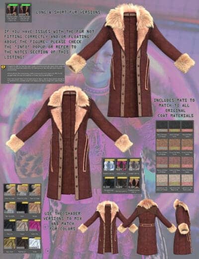 3D digital fur coat with customizable colors, styles, and realistic texturing for 3D character modeling