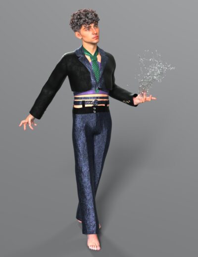 Stylish male figure casting ethereal magic with avant-garde fashion and shimmering detail.