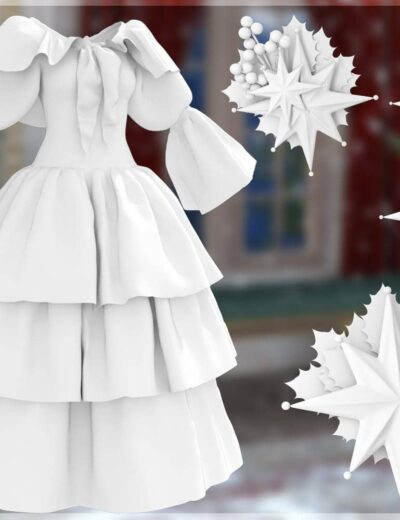 Elegant white layered dress with festive star decorations in a sophisticated winter holiday theme.