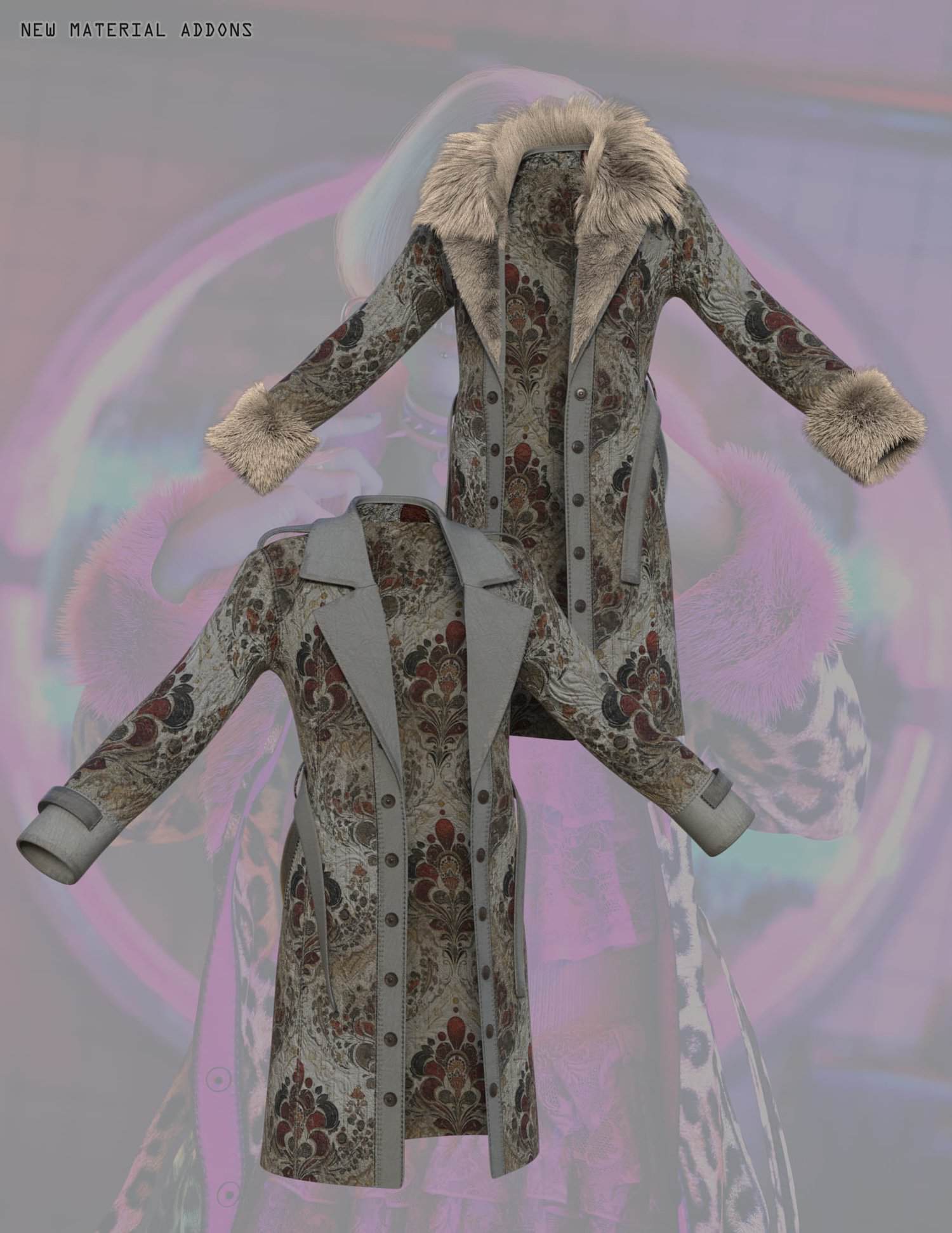 Detailed digital fashion models of patterned winter coats with fur trim and tailored fit.