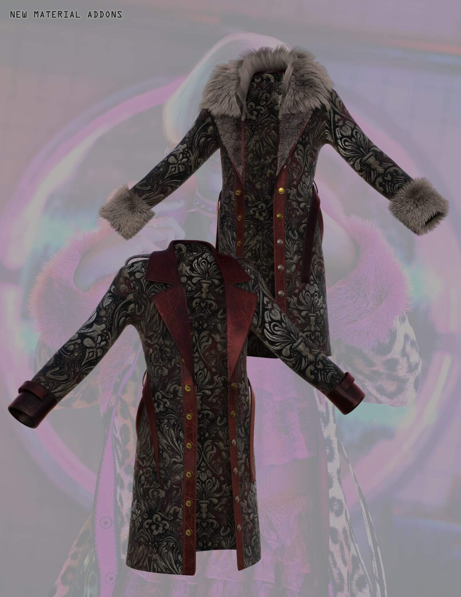 Elegant vintage coats with fur trim and ornate detailing, showcasing luxury fashion enhancements.