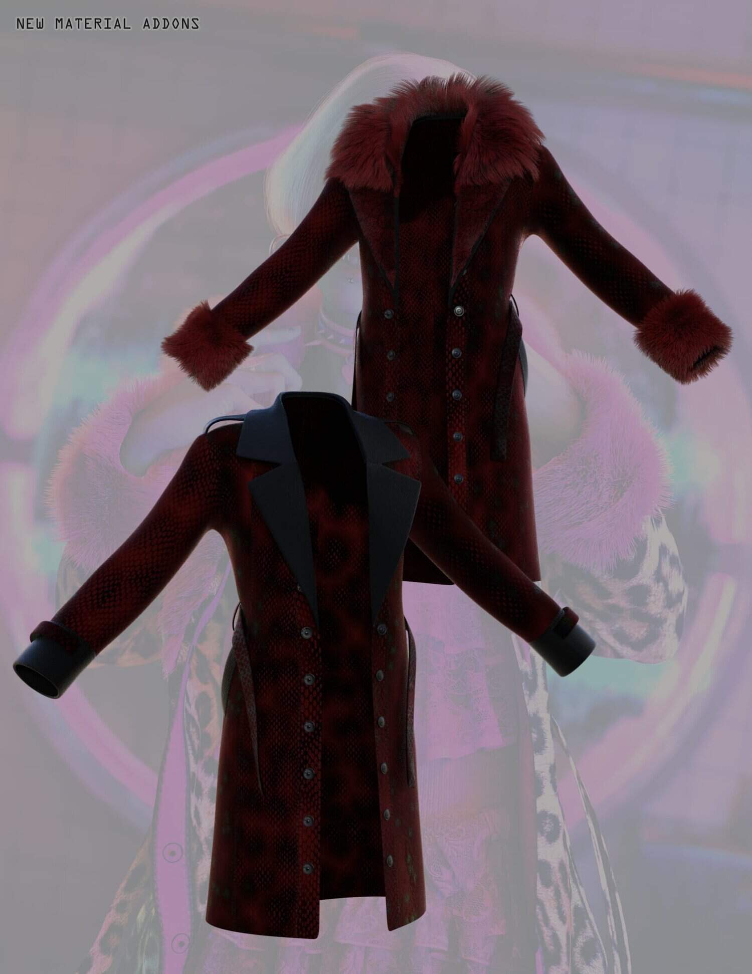 Digital luxury coats with fur and leather details in deep red and black.