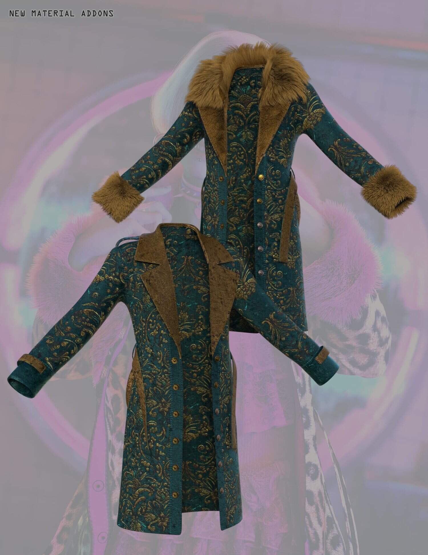 Elegant vintage teal coat with gold embroidery, fur trim, and tailored winter style.