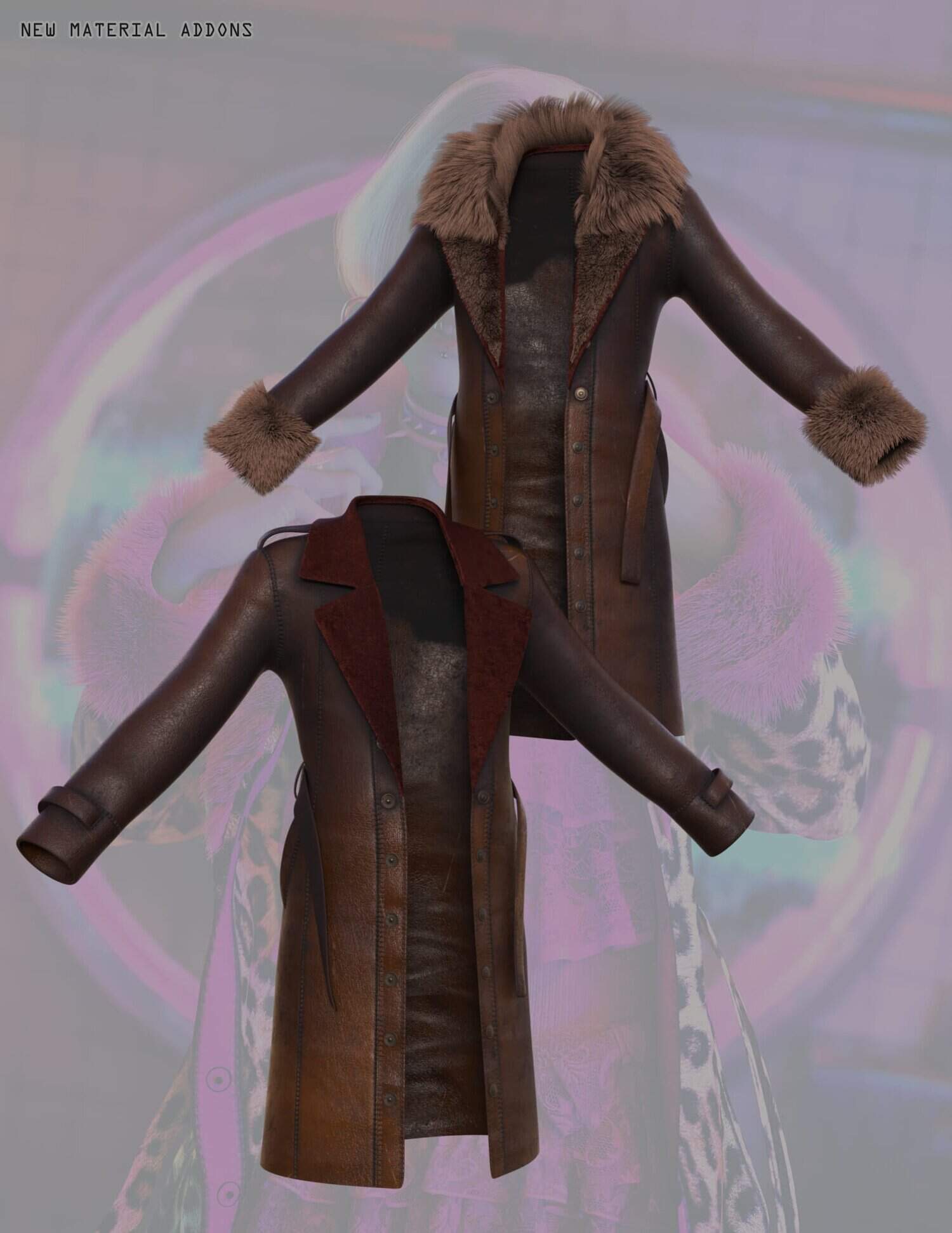 Elegant brown leather winter coat with fur collar and cuffs, front and back views.