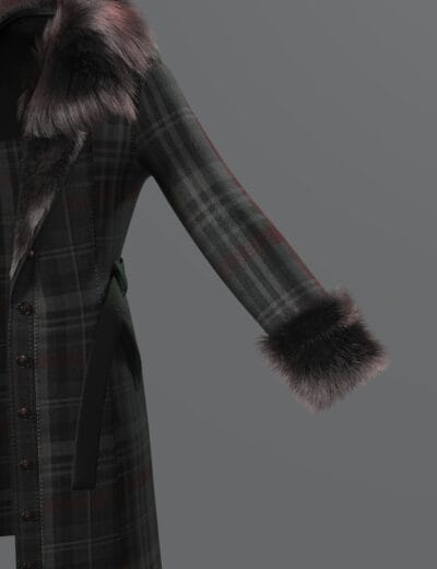 Elegant plaid winter coat with faux fur trim, tailored fit, and sophisticated details.