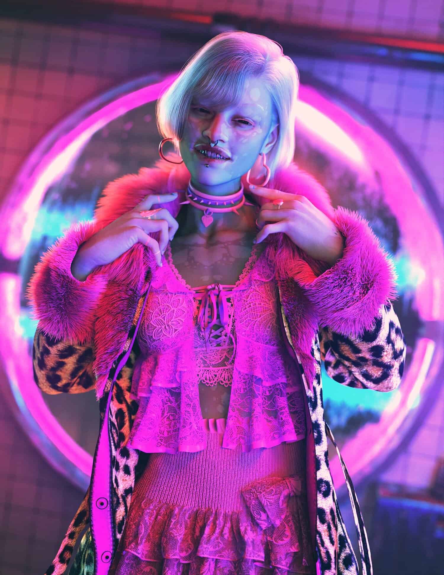 Vibrant neon-lit streetwear featuring bold leopard coat, shimmering dress, and edgy futuristic makeup.