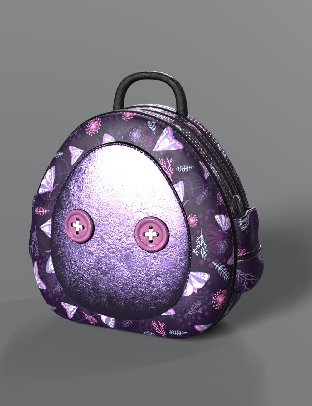 An intricately designed 3D purple backpack showcasing floral and butterfly patterns with metallic textures, buttons, and realistic details, ideal for digital art and 3D modeling projects.