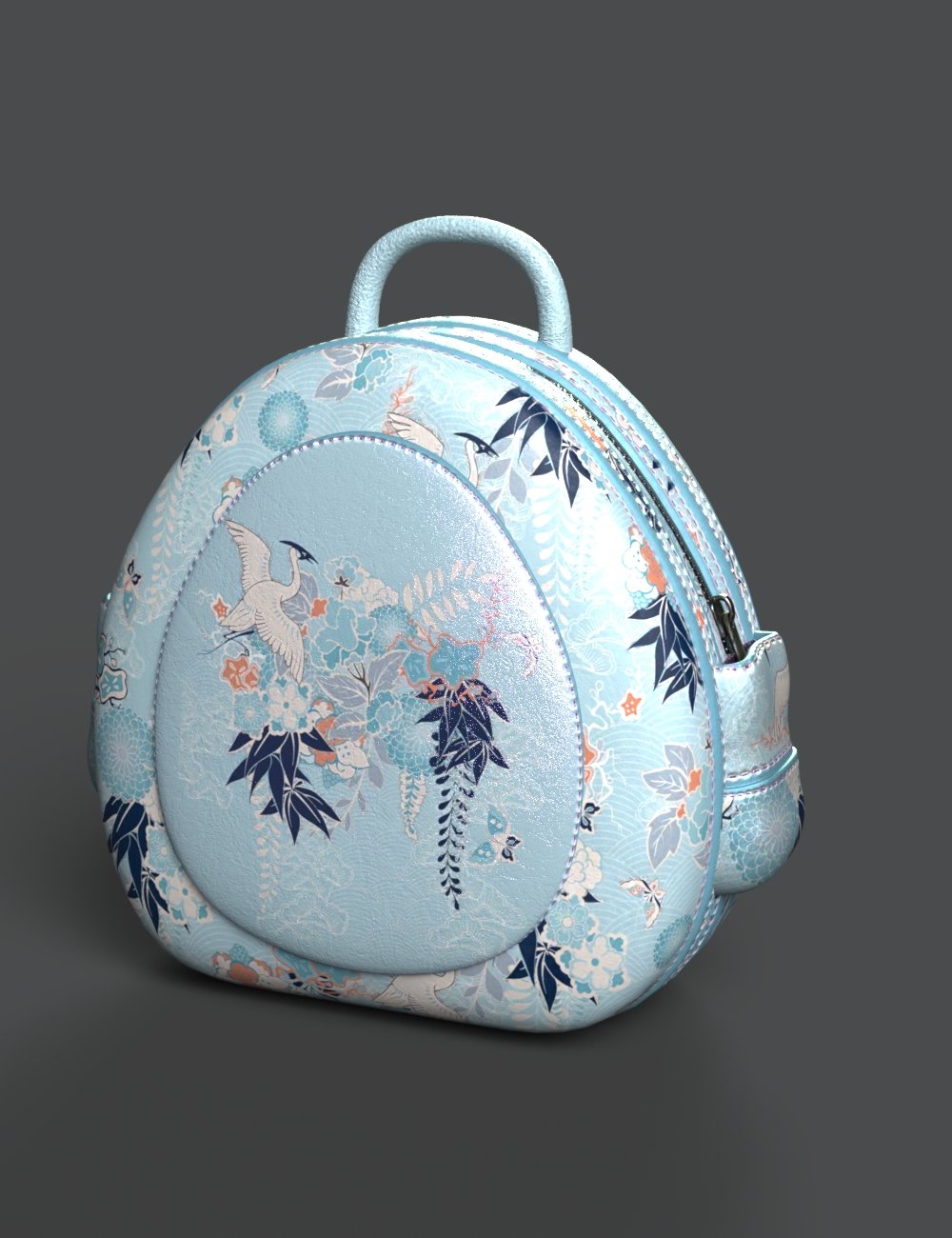 Elegant 3D rendered backpack featuring traditional Japanese motifs, cranes, and floral patterns in pastel blue, perfect for realistic fashion or cultural scene modeling in Daz3D.