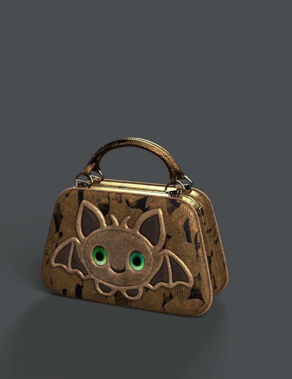 Unique bat handbag with adorable face, large green eyes, and leopard print design, suitable for Halloween or fantasy-themed 3D renderings, compatible with Daz3D.