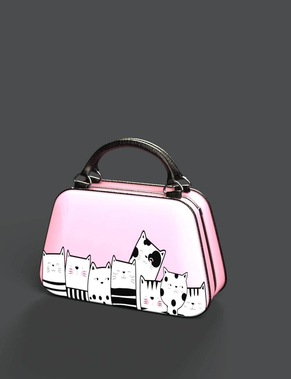 A 3D-rendered pink handbag featuring adorable cartoon cats with black and white fur, stylish striped and polka dot patterns, perfect for digital art and design projects.