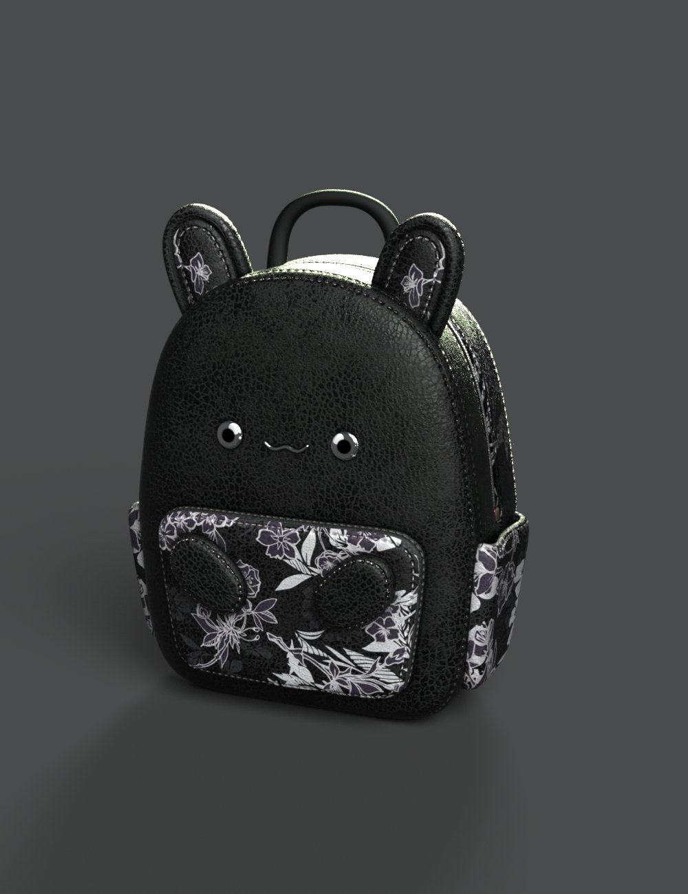 Amazing 3D model of a adorable bunny backpack with floral patterns, suitable for character customization in Daz3D scenes. Includes detailed textures, cute face, and bunny ears for realistic or stylized renders.