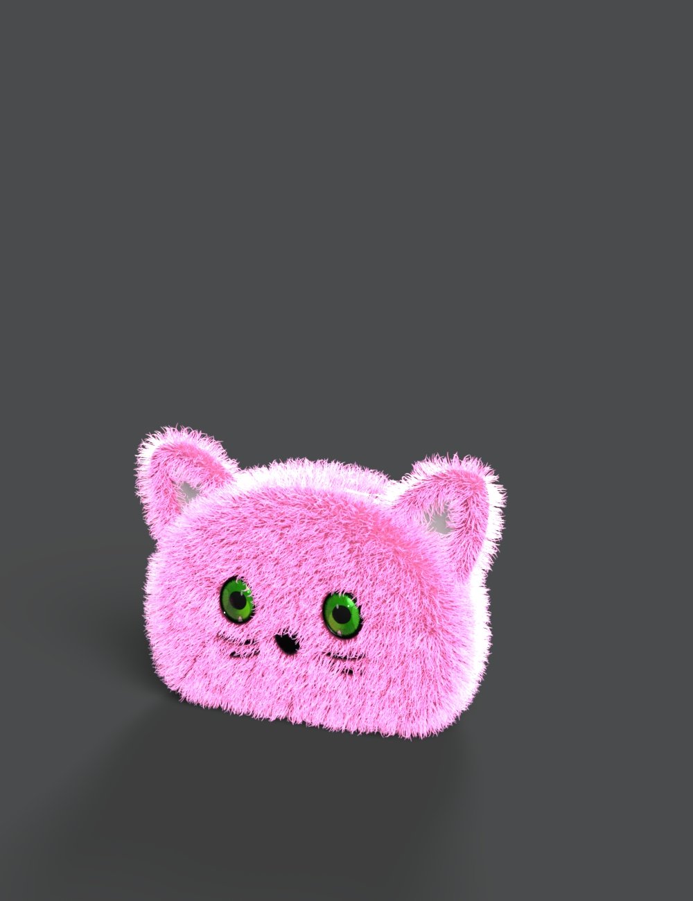 A soft, furry pink cat-shaped bag featuring adorable green eyes, perfect for stylish accessories or digital art projects, showcased in high-quality 3D rendering for Daz3D assets.