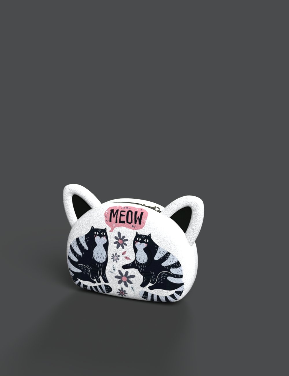 A whimsical cat-themed bag featuring black and white striped cats, pink "MEOW" speech bubble, floral details, and adorable ears, ideal for fashion-forward animal lovers and casual outings.